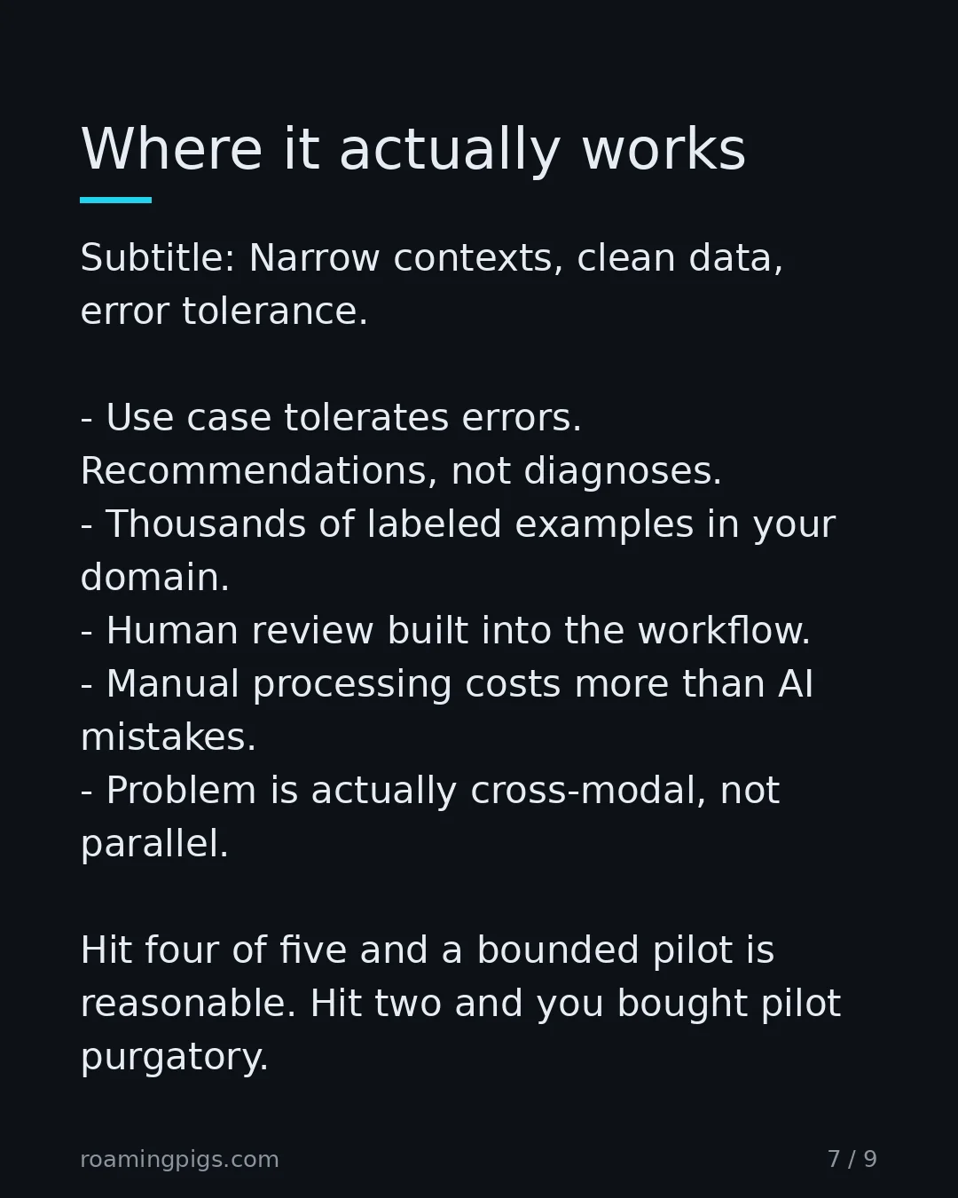 Slide 7 of 9: Where it actually works. Subtitle: Narrow contexts, clean data, error tolerance. Use case tolerates errors. Recommendations, not diagnoses.…