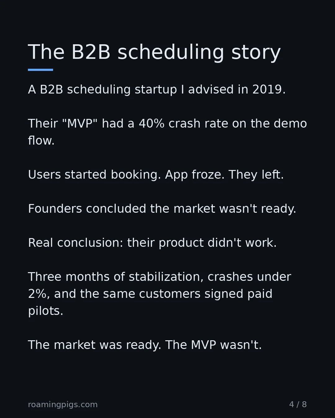 Slide 4 of 8: A real example of what "not viable" costs. A B2B scheduling startup I advised in 2019. Their "MVP" had a 40% crash rate on the demo flow.…