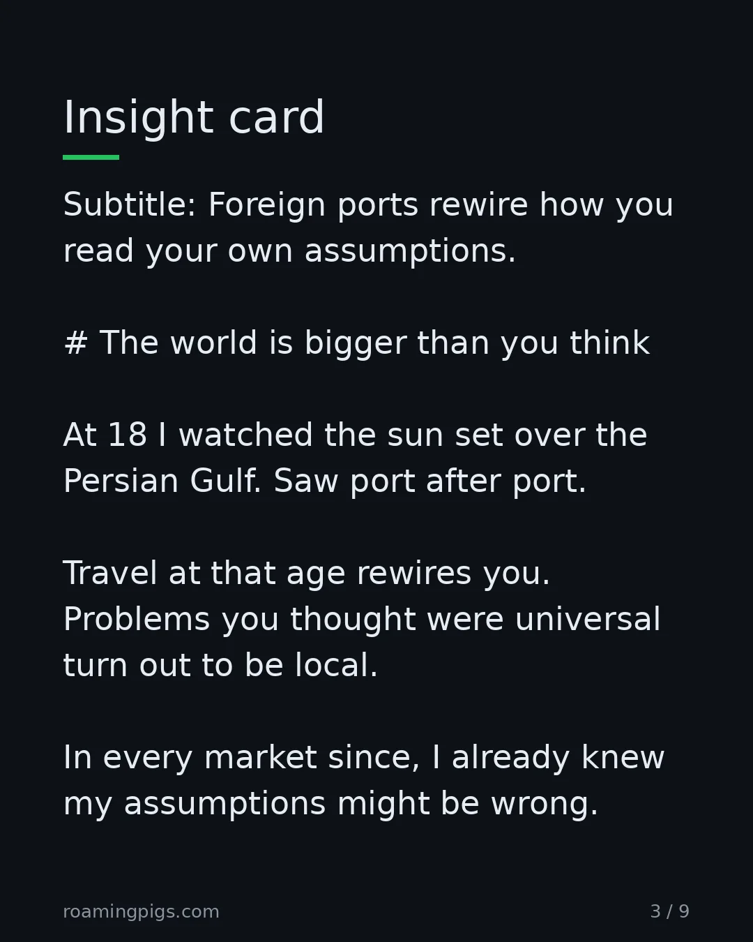 Slide 3 of 9: Insight card. Subtitle: Foreign ports rewire how you read your own assumptions. # The world is bigger than you think At 18 I watched the…