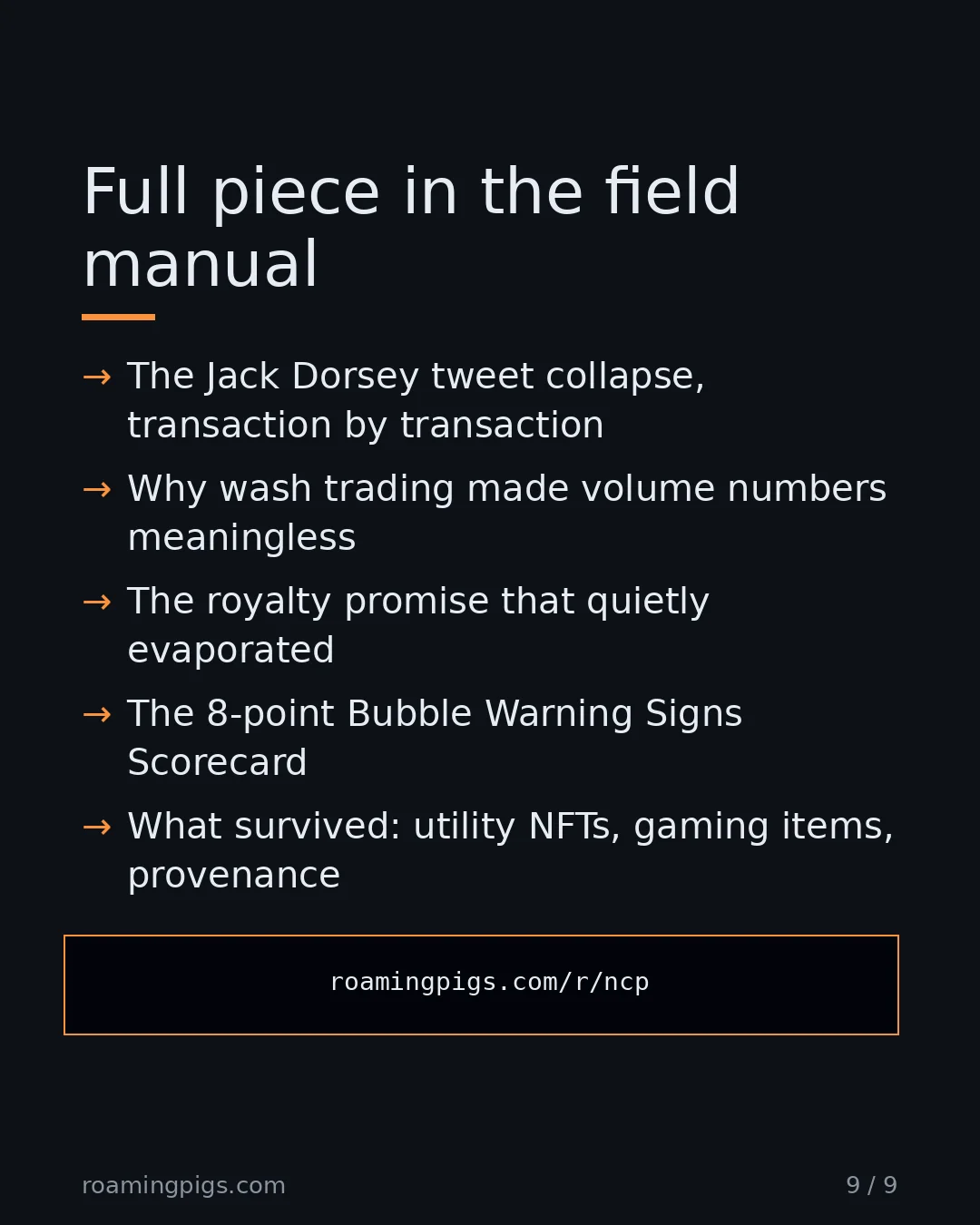 Slide 9 of 9: Call to action: The full retrospective covers: The Jack Dorsey tweet collapse, transaction by transaction Why wash trading made volume…