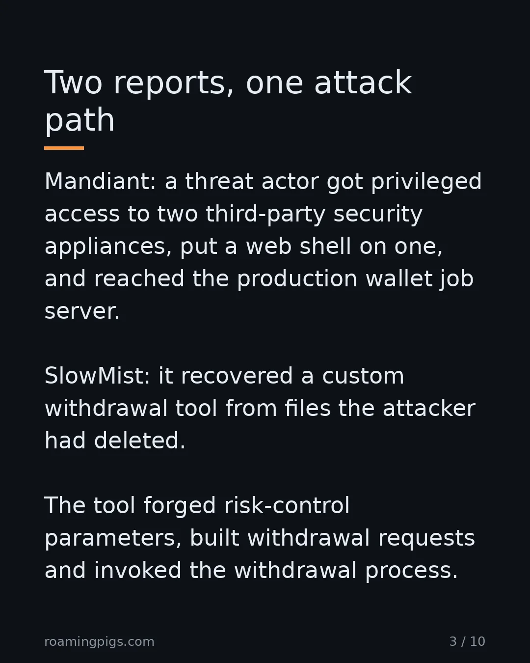Slide 3 of 10: Two reports, one attack path. Mandiant: a threat actor got privileged access to two third-party security appliances, put a web shell on…