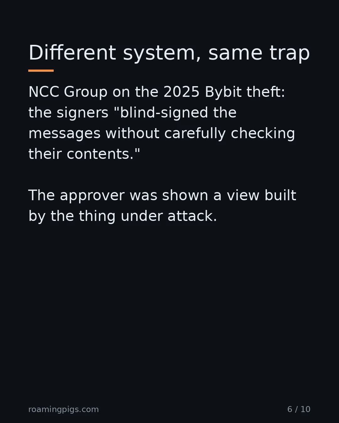 Slide 6 of 10: Different system, same trap. NCC Group on the 2025 Bybit theft: the signers "blind-signed the messages without carefully checking their…