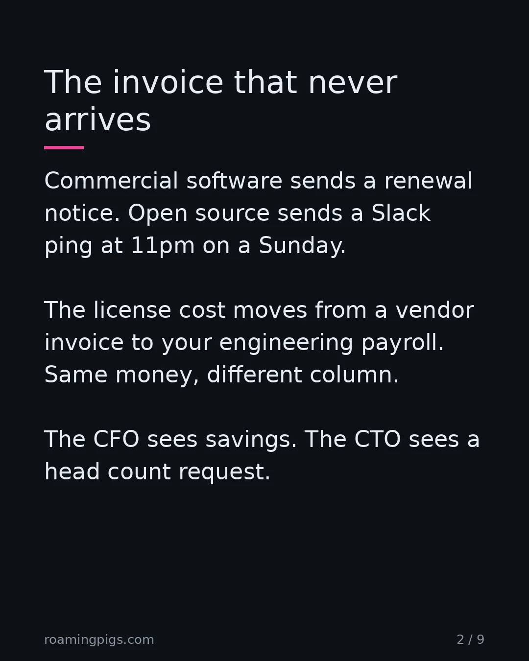 Slide 2 of 9: The invoice that never arrives. Commercial software sends a renewal notice. Open source sends a Slack ping at 11pm on a Sunday. The license…