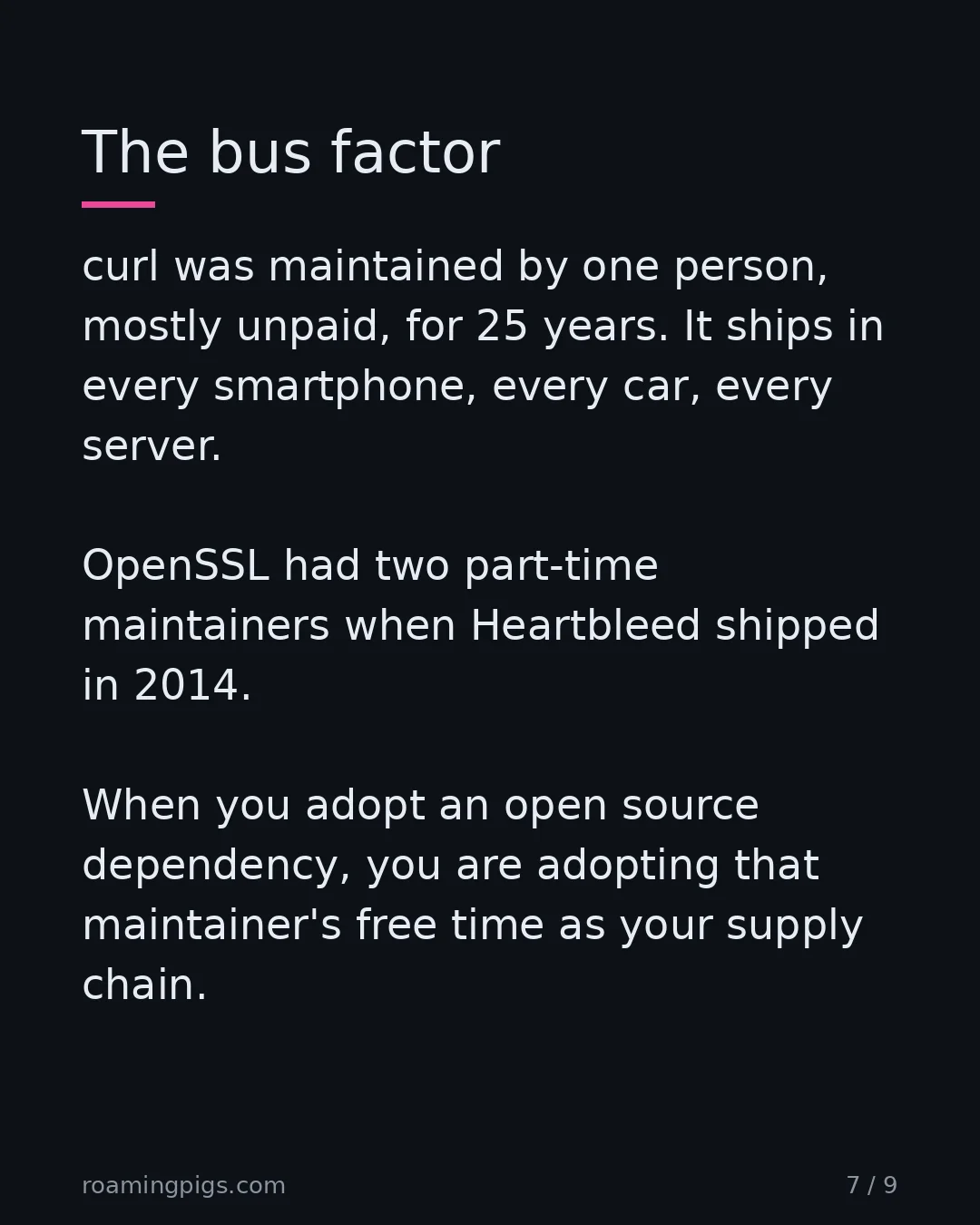 Slide 7 of 9: The bus factor. curl was maintained by one person, mostly unpaid, for 25 years. It ships in every smartphone, every car, every server.…