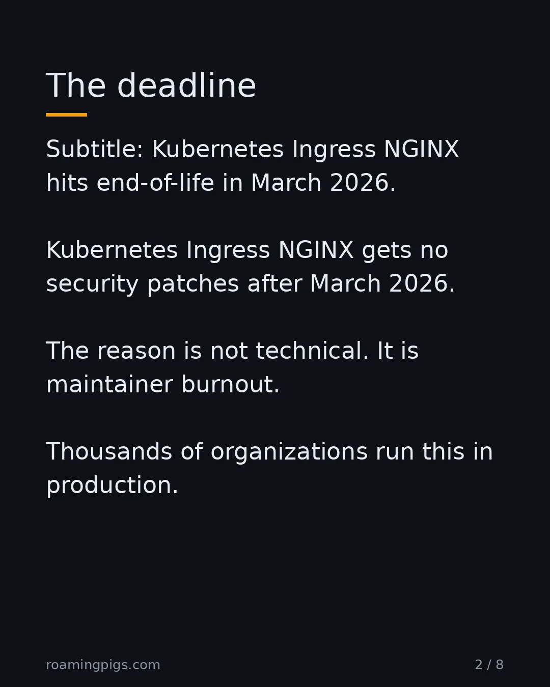 Slide 2 of 8: The deadline. Subtitle: Kubernetes Ingress NGINX hits end-of-life in March 2026. Kubernetes Ingress NGINX gets no security patches after…