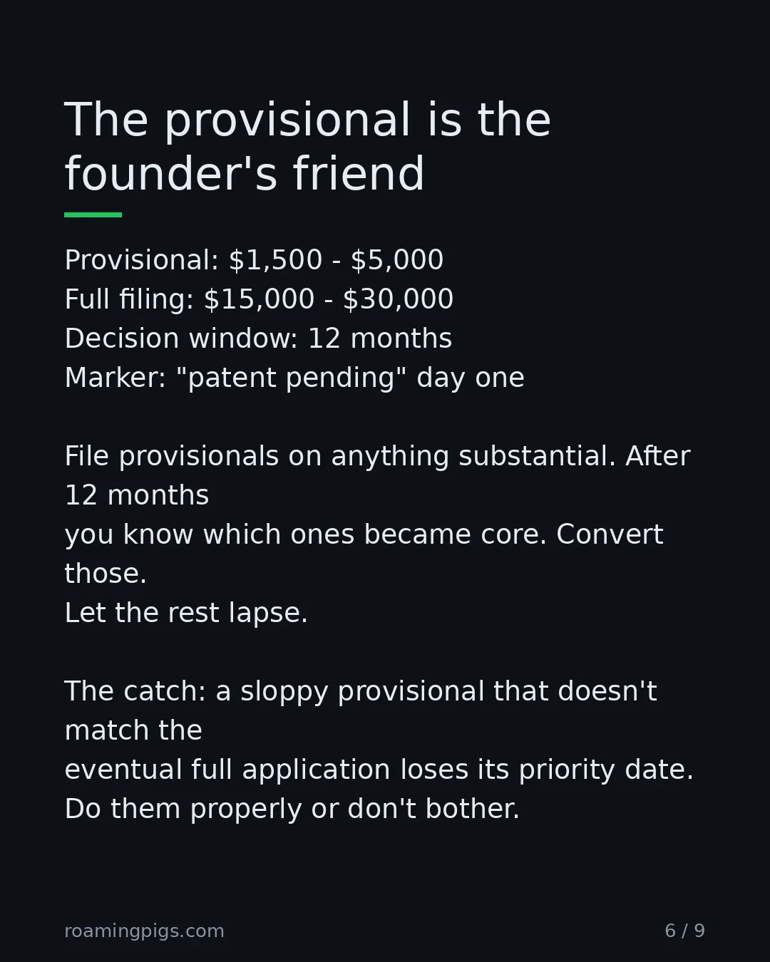 Slide 6 of 9: The provisional is the founder's friend. Provisional: $1,500 - $5,000 Full filing: $15,000 - $30,000 Decision window: 12 months Marker:…