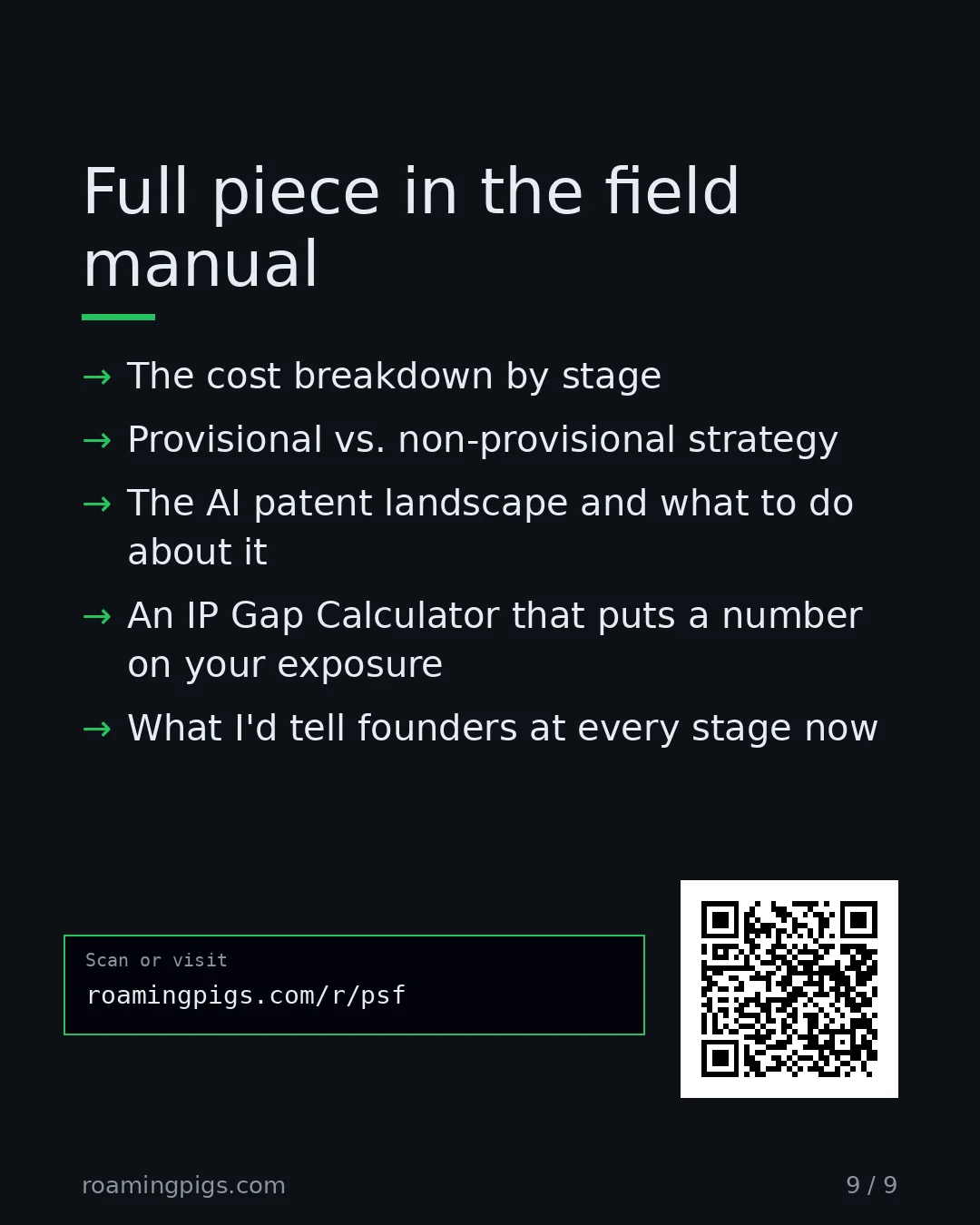 Slide 9 of 9: Call to action: The cost breakdown by stage Provisional vs. non-provisional strategy The AI patent landscape and what to do about it An IP…