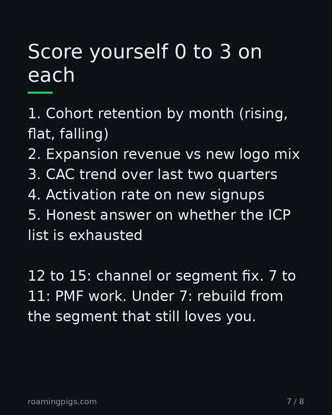 Slide 7 of 8: Score yourself 0 to 3 on each. 1. Cohort retention by month (rising, flat, falling) 2. Expansion revenue vs new logo mix 3. CAC trend over…
