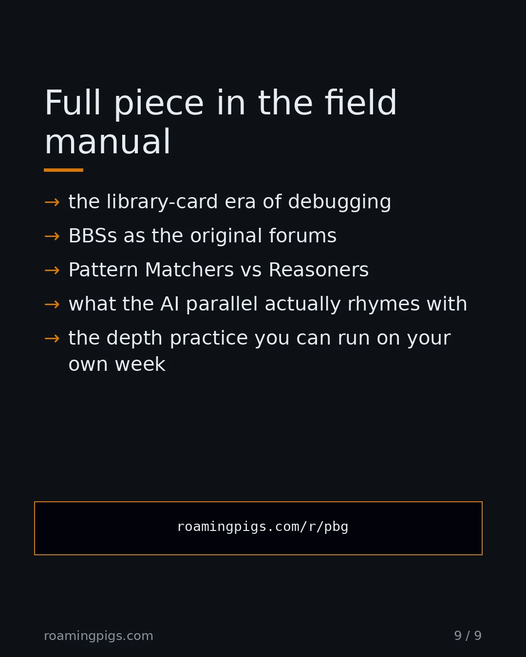 Slide 9 of 9: Call to action: the library-card era of debugging BBSs as the original forums Pattern Matchers vs Reasoners what the AI parallel actually…