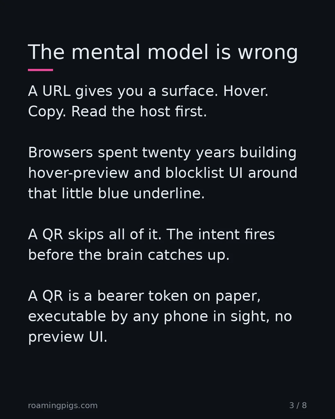 Slide 3 of 8: The mental model is wrong. A URL gives you a surface. Hover. Copy. Read the host first. Browsers spent twenty years building hover-preview…