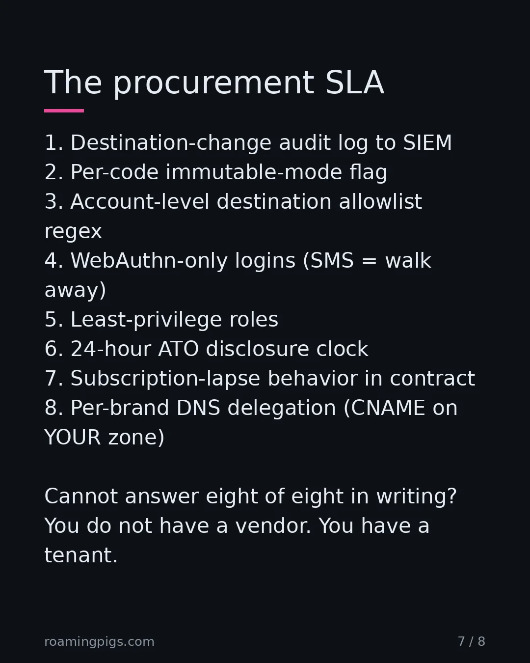 Slide 7 of 8: The procurement SLA. 1. Destination-change audit log to SIEM 2. Per-code immutable-mode flag 3. Account-level destination allowlist regex…
