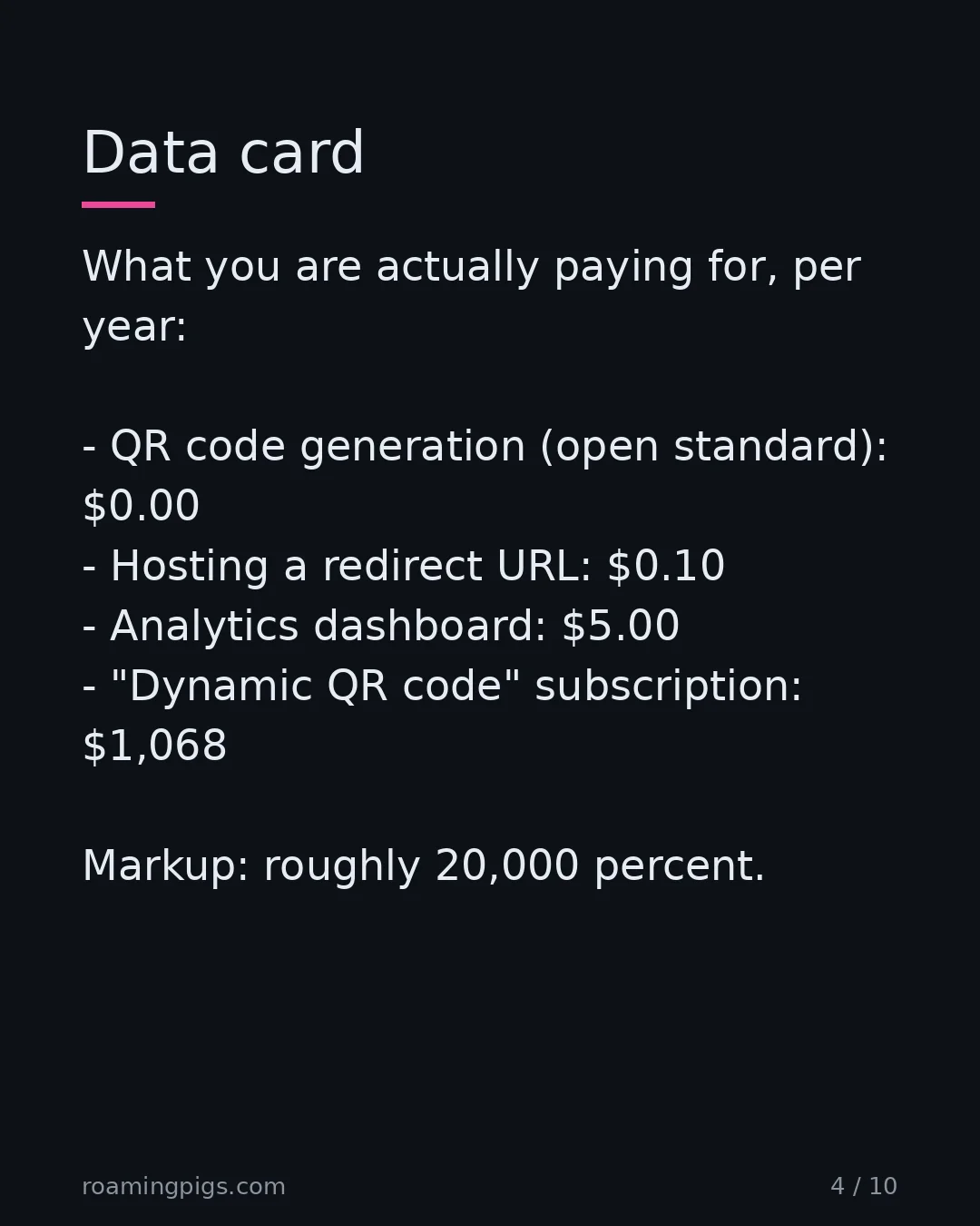 Slide 4 of 10: Data card. What you are actually paying for, per year: QR code generation (open standard): $0.00 Hosting a redirect URL: $0.10 Analytics…