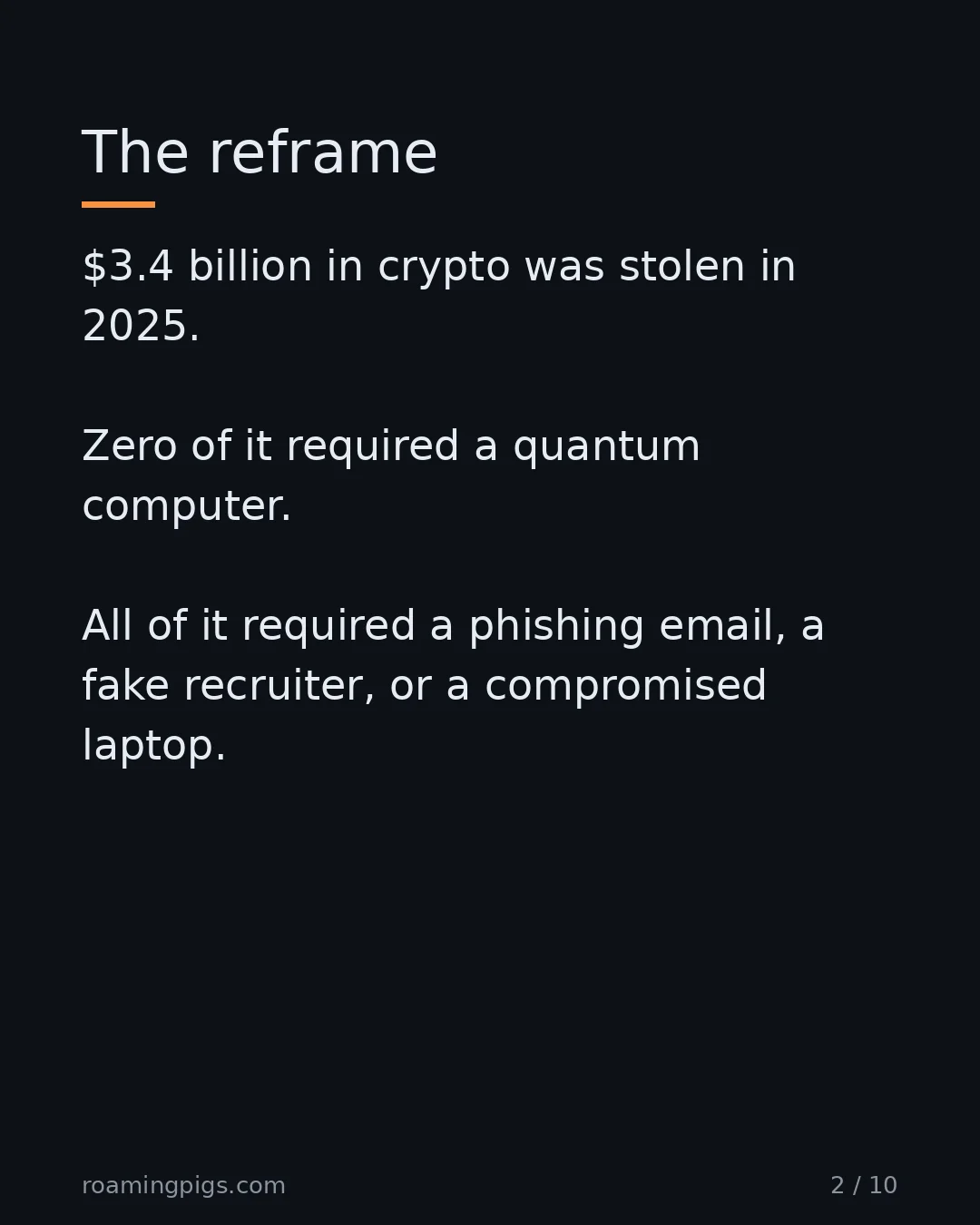 Slide 2 of 10: Zero dollars stolen by quantum. $3.4B stolen by humans. $3.4 billion in crypto was stolen in 2025. Zero of it required a quantum computer.…