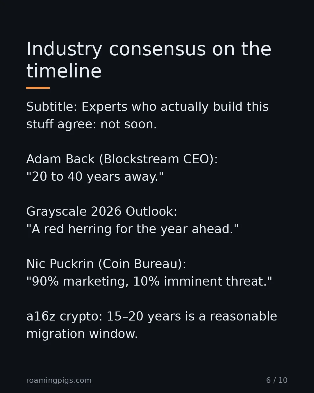 Slide 6 of 10: Industry consensus on the timeline. Subtitle: Experts who actually build this stuff agree: not soon. Adam Back (Blockstream CEO): "20 to 40…
