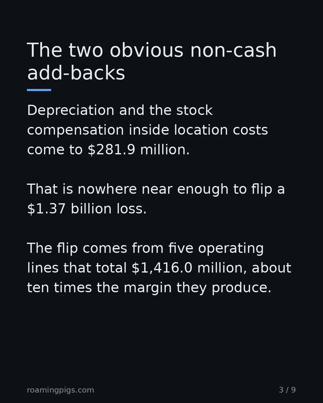 Slide 3 of 9: The two obvious non-cash add-backs. Depreciation and the stock compensation inside location costs come to $281.9 million. That is nowhere…