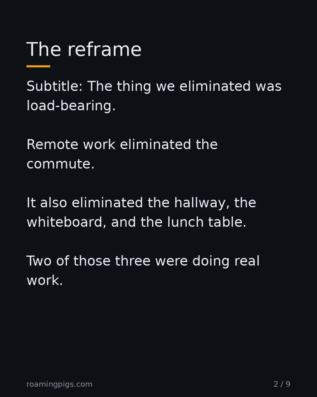 Slide 2 of 9: The reframe. Subtitle: The thing we eliminated was load-bearing. Remote work eliminated the commute. It also eliminated the hallway, the…