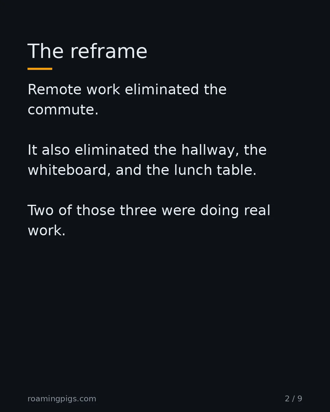 Slide 2 of 9: The thing we eliminated was load-bearing. Remote work eliminated the commute. It also eliminated the hallway, the whiteboard, and the lunch…