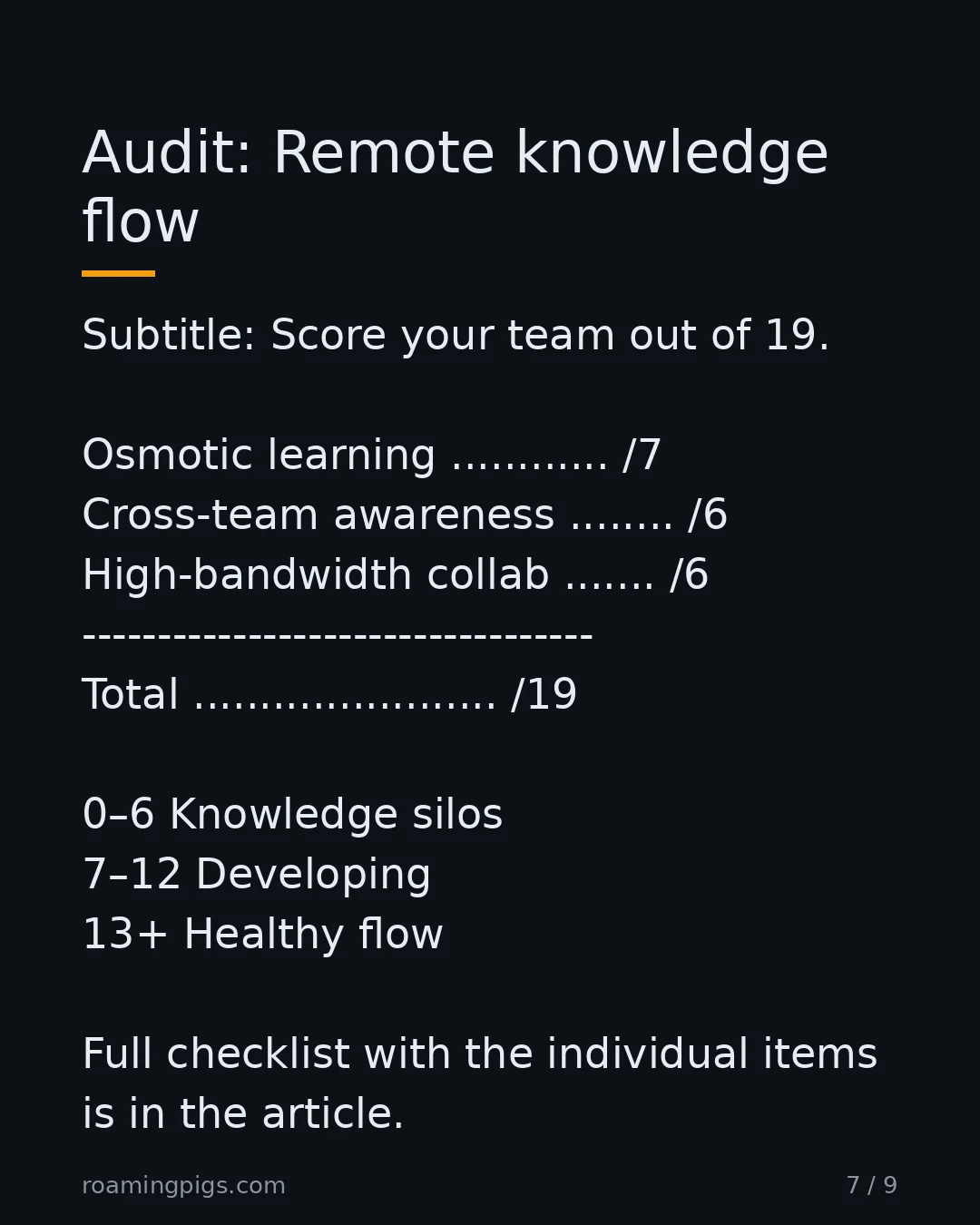 Slide 7 of 9: Audit: Remote knowledge flow. Subtitle: Score your team out of 19. Osmotic learning ............ /7 Cross-team awareness ........ /6…
