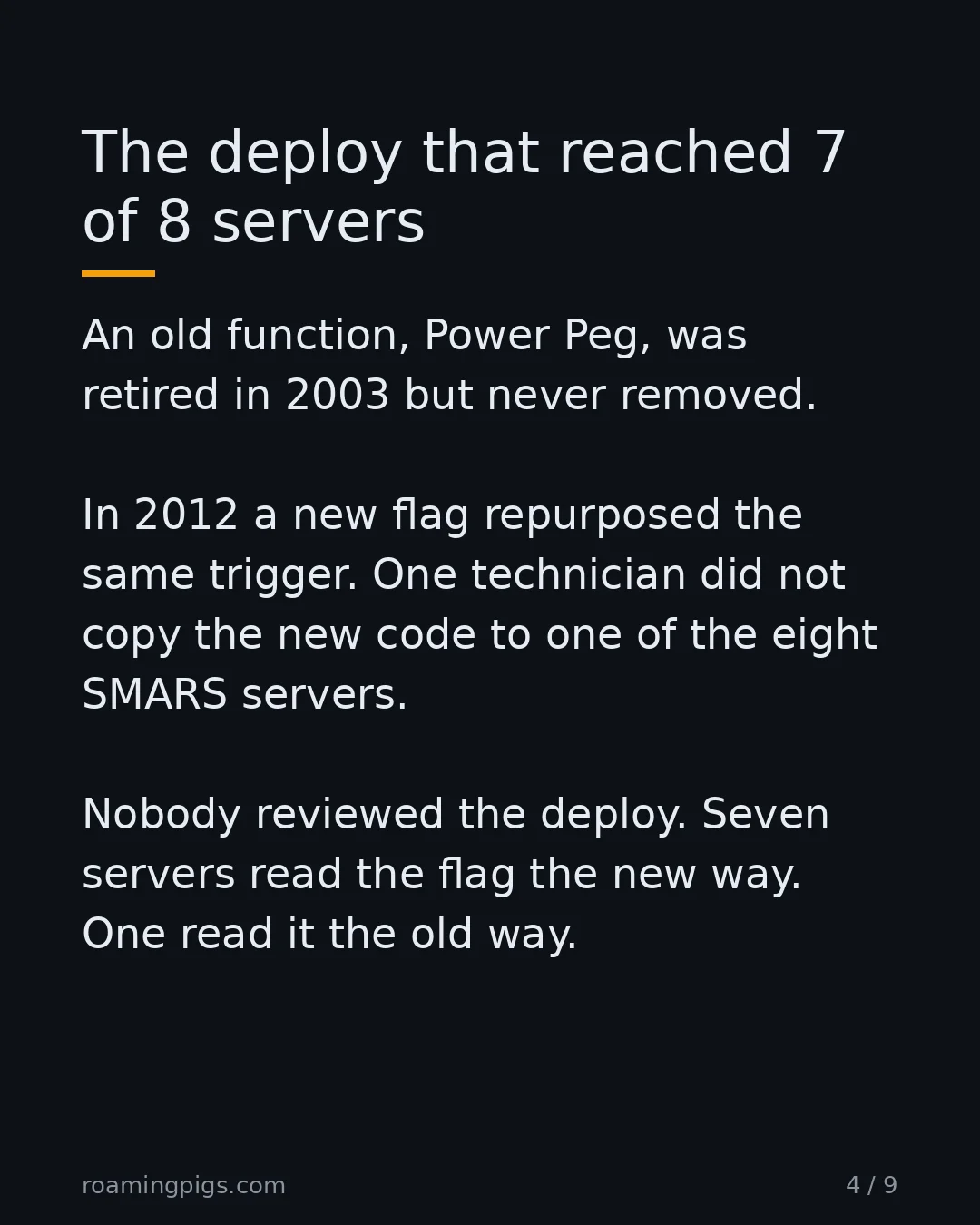 Slide 4 of 9: The deploy that reached 7 of 8 servers. An old function, Power Peg, was retired in 2003 but never removed. In 2012 a new flag repurposed…
