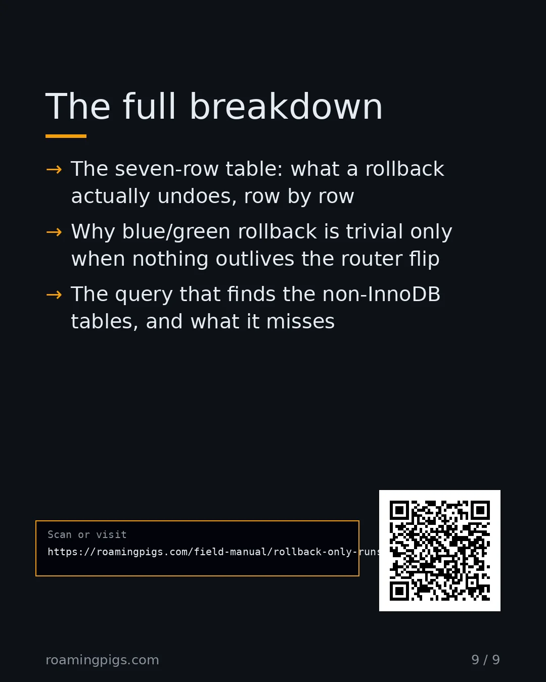 Slide 9 of 9: Call to action: The seven-row table: what a rollback actually undoes, row by row Why blue/green rollback is trivial only when nothing…