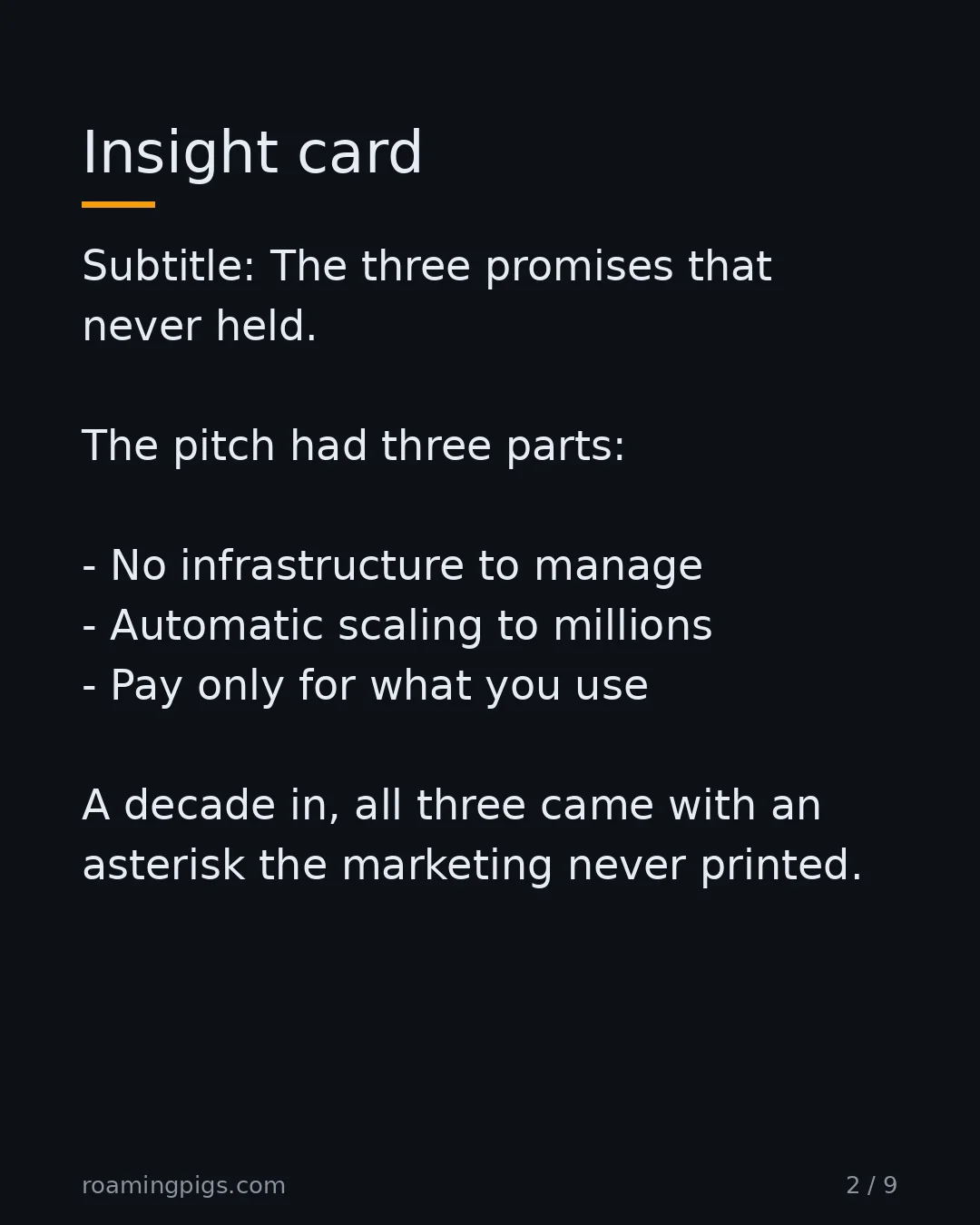 Slide 2 of 9: Insight card. Subtitle: The three promises that never held. The pitch had three parts: No infrastructure to manage Automatic scaling to…