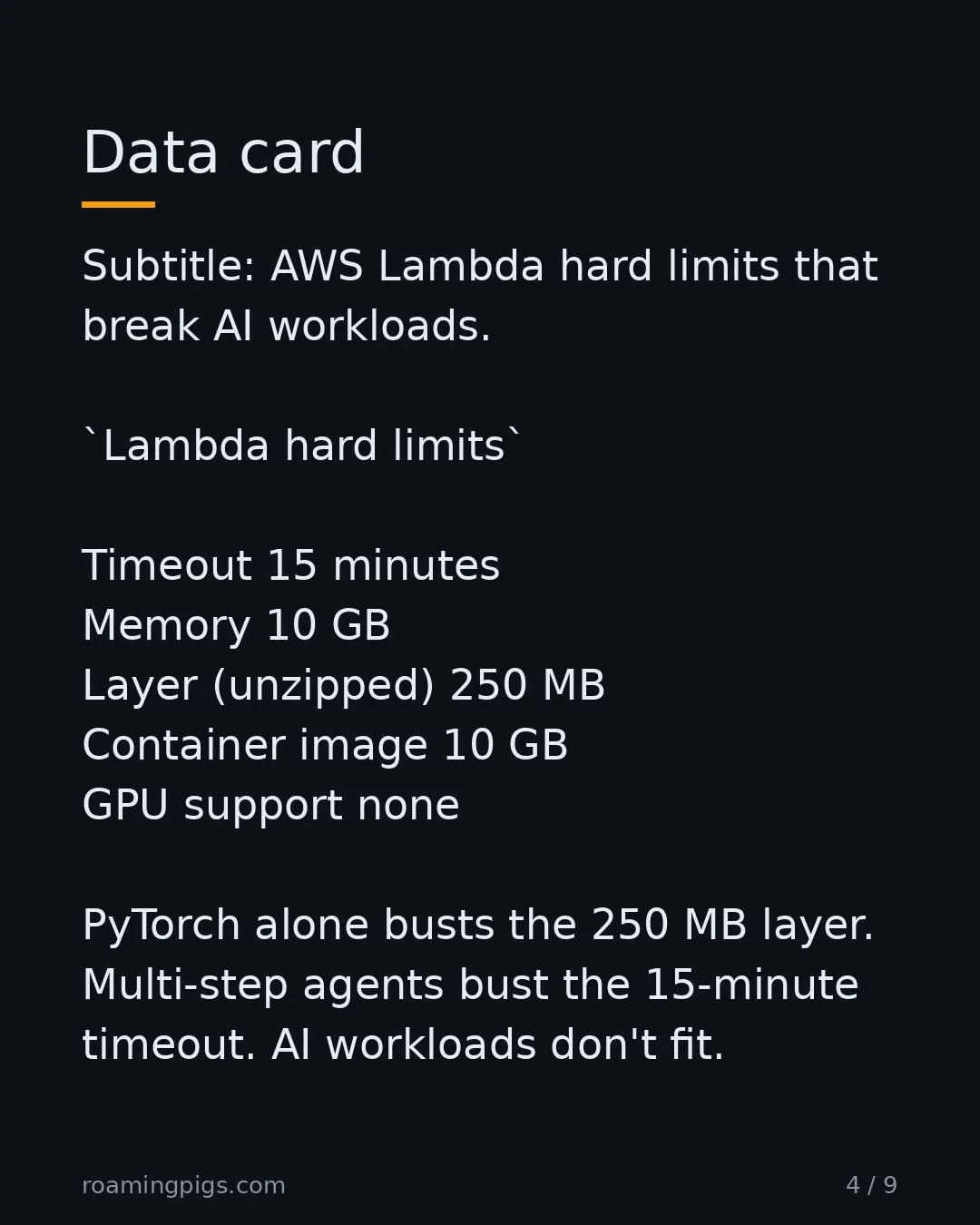Slide 4 of 9: Data card. Subtitle: AWS Lambda hard limits that break AI workloads. Lambda hard limits Timeout 15 minutes Memory 10 GB Layer (unzipped)…