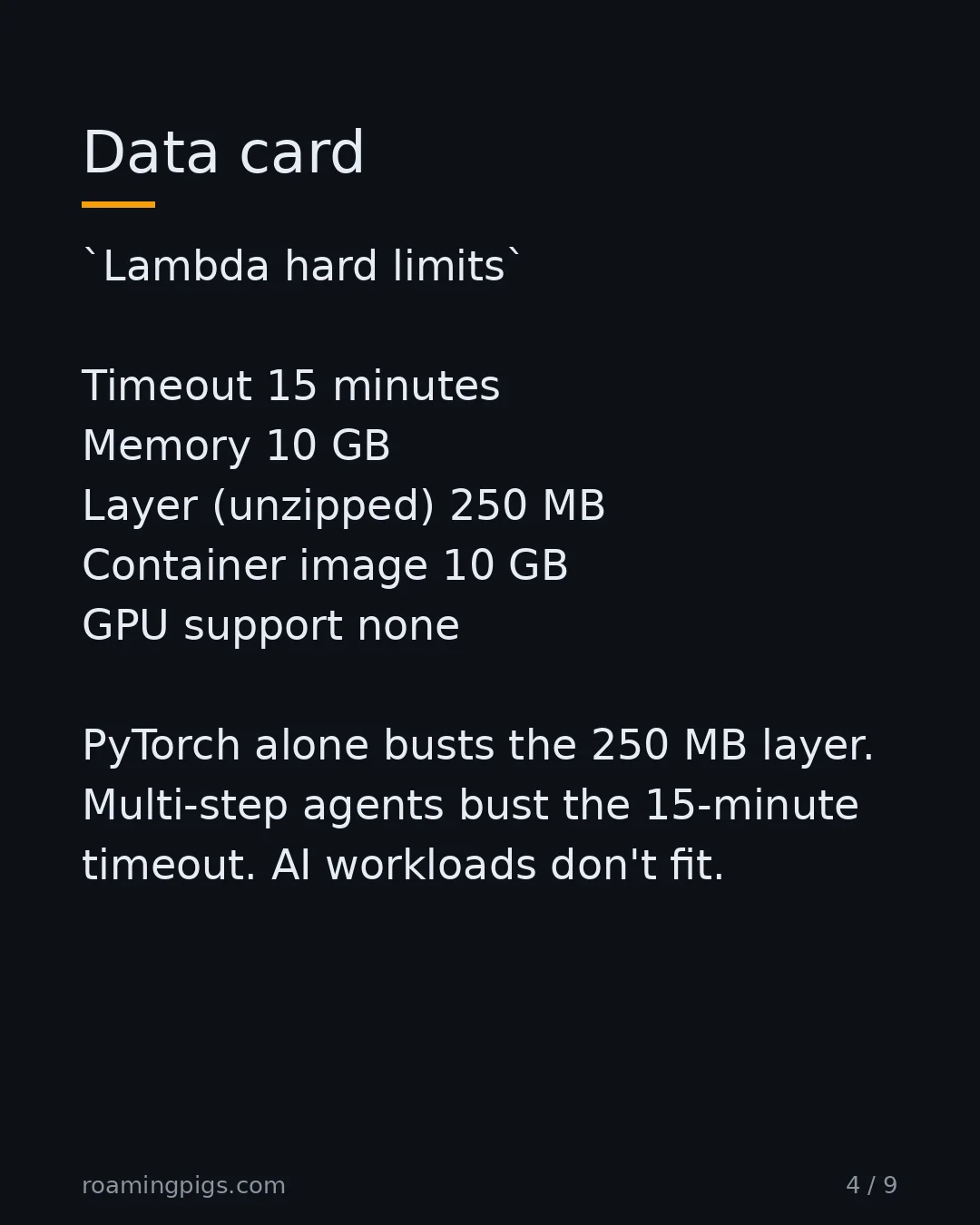 Slide 4 of 9: AWS Lambda hard limits that break AI workloads. Lambda hard limits Timeout 15 minutes Memory 10 GB Layer (unzipped) 250 MB Container image…