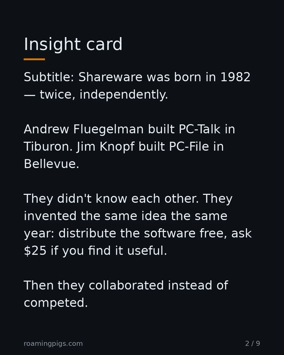 Slide 2 of 9: Insight card. Subtitle: Shareware was born in 1982 — twice, independently. Andrew Fluegelman built PC-Talk in Tiburon. Jim Knopf built…
