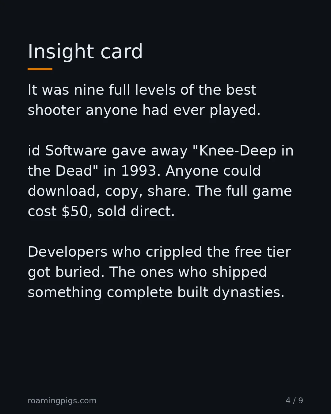 Slide 4 of 9: DOOM's first episode was not a demo. It was nine full levels of the best shooter anyone had ever played. id Software gave away "Knee-Deep…