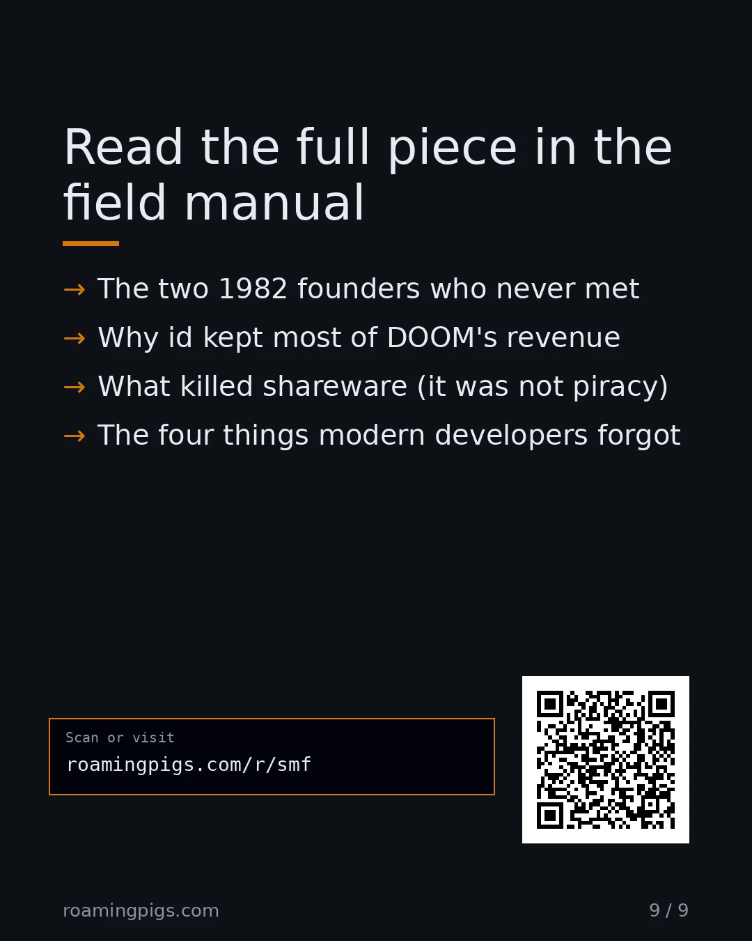 Slide 9 of 9: Call to action: The two 1982 founders who never met Why id kept most of DOOM's revenue What killed shareware (it was not piracy) The four…