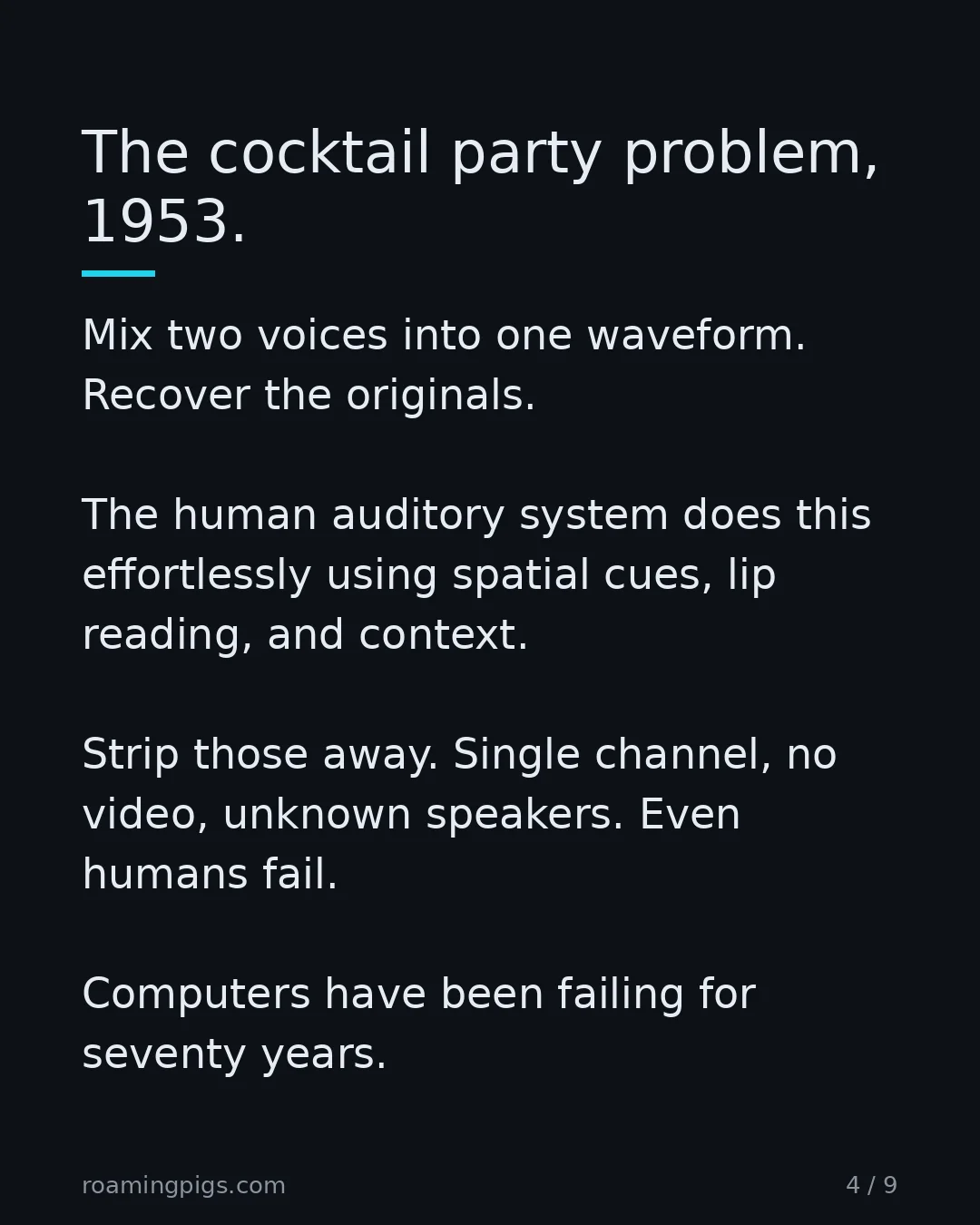 Slide 4 of 9: The cocktail party problem, 1953.. Mix two voices into one waveform. Recover the originals. The human auditory system does this…