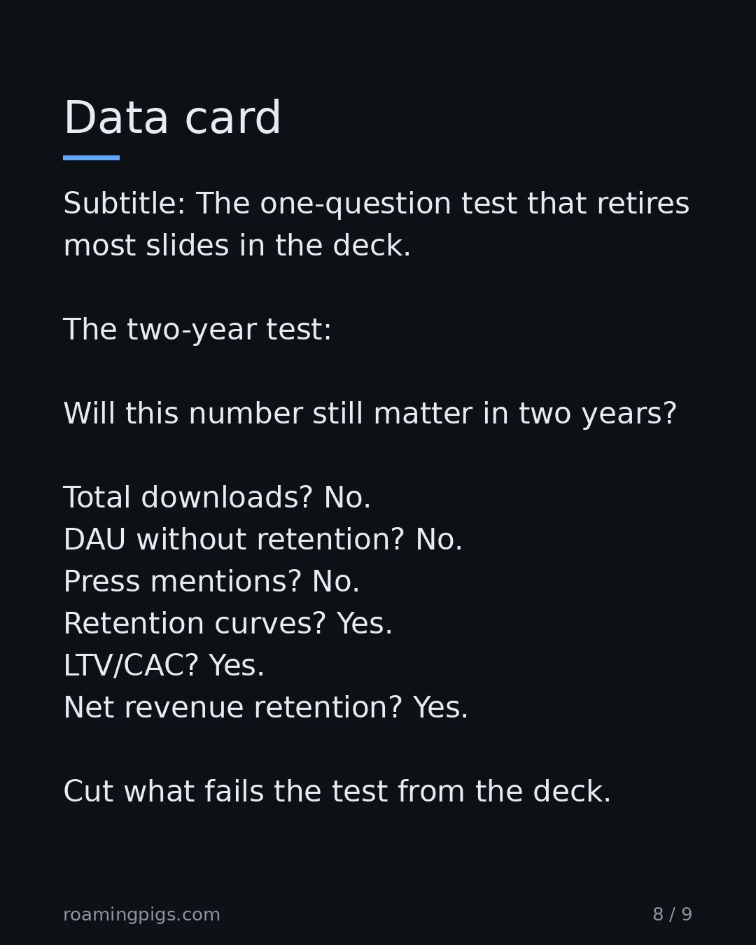 Slide 8 of 9: Data card. Subtitle: The one-question test that retires most slides in the deck. The two-year test: Will this number still matter in two…