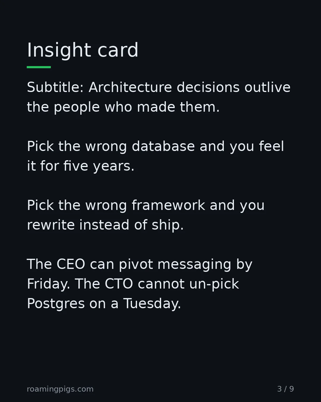 Slide 3 of 9: Insight card. Subtitle: Architecture decisions outlive the people who made them. Pick the wrong database and you feel it for five years.…