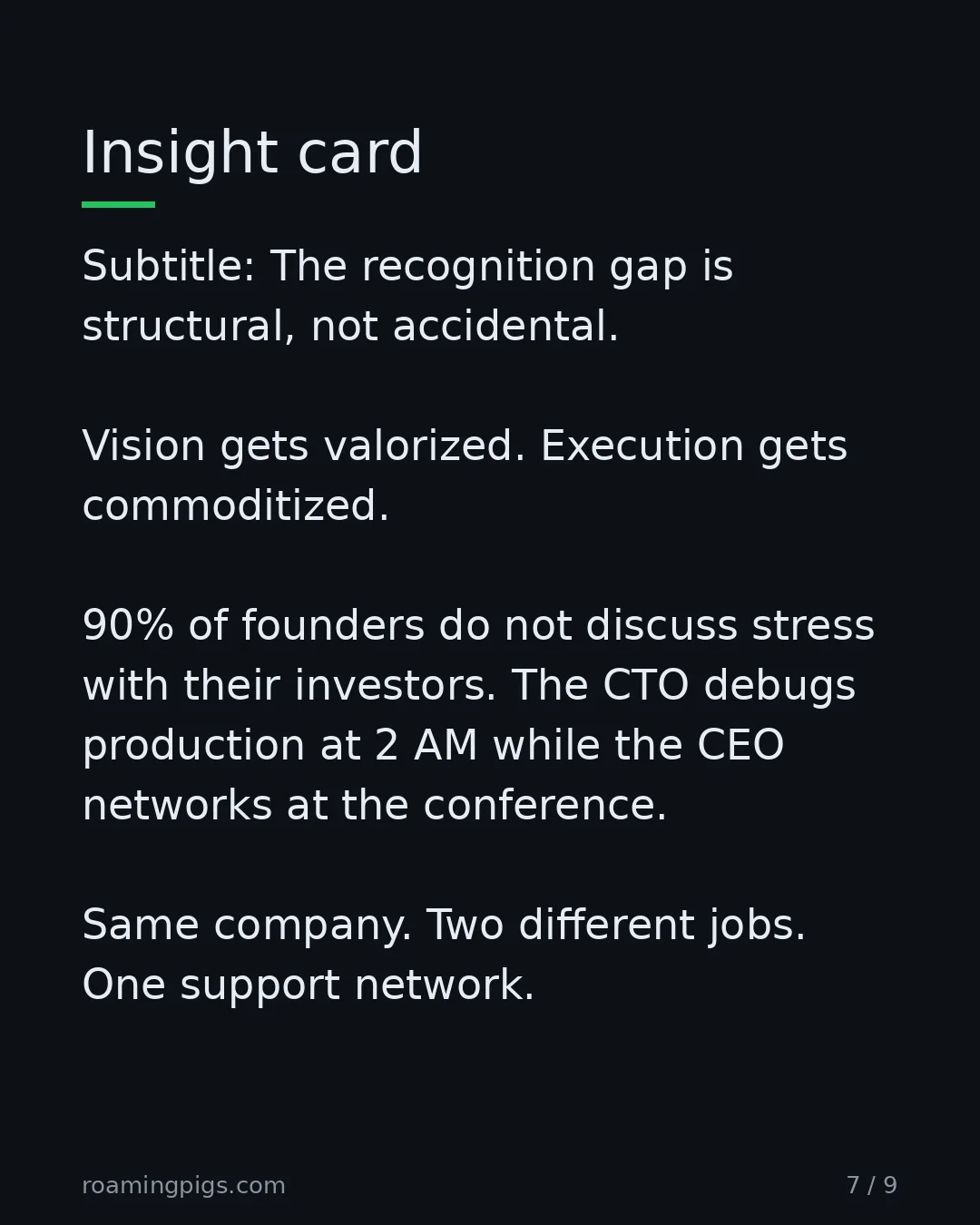 Slide 7 of 9: Insight card. Subtitle: The recognition gap is structural, not accidental. Vision gets valorized. Execution gets commoditized. 90% of…