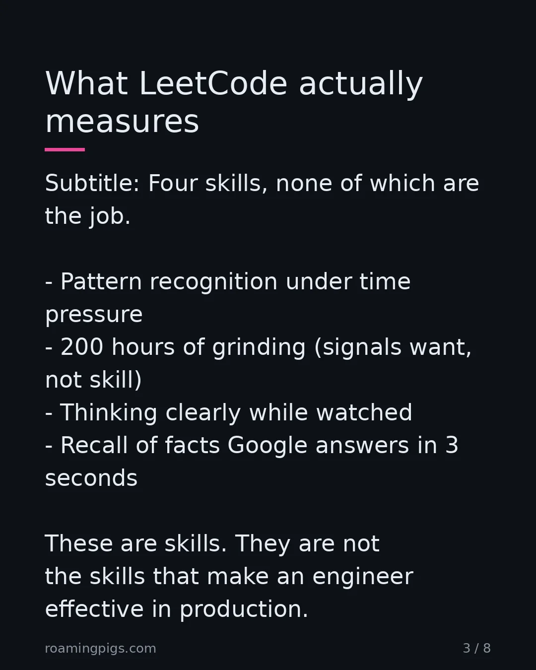 Slide 3 of 8: What LeetCode actually measures. Subtitle: Four skills, none of which are the job. Pattern recognition under time pressure 200 hours of…