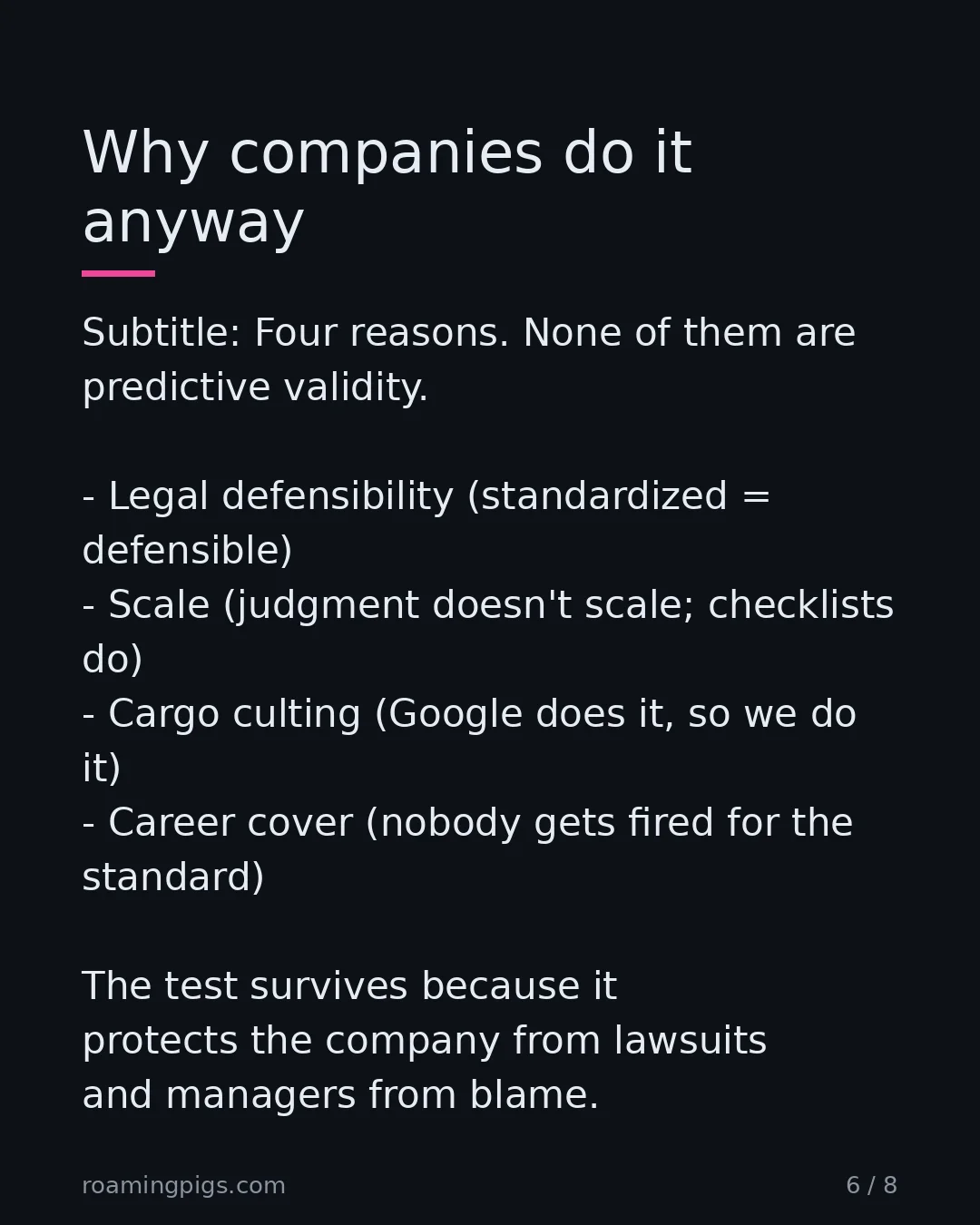 Slide 6 of 8: Why companies do it anyway. Subtitle: Four reasons. None of them are predictive validity. Legal defensibility (standardized = defensible)…