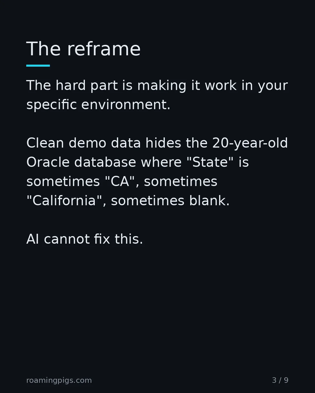 Slide 3 of 9: The hard part was never making AI work. The hard part is making it work in your specific environment. Clean demo data hides the 20-year-old…