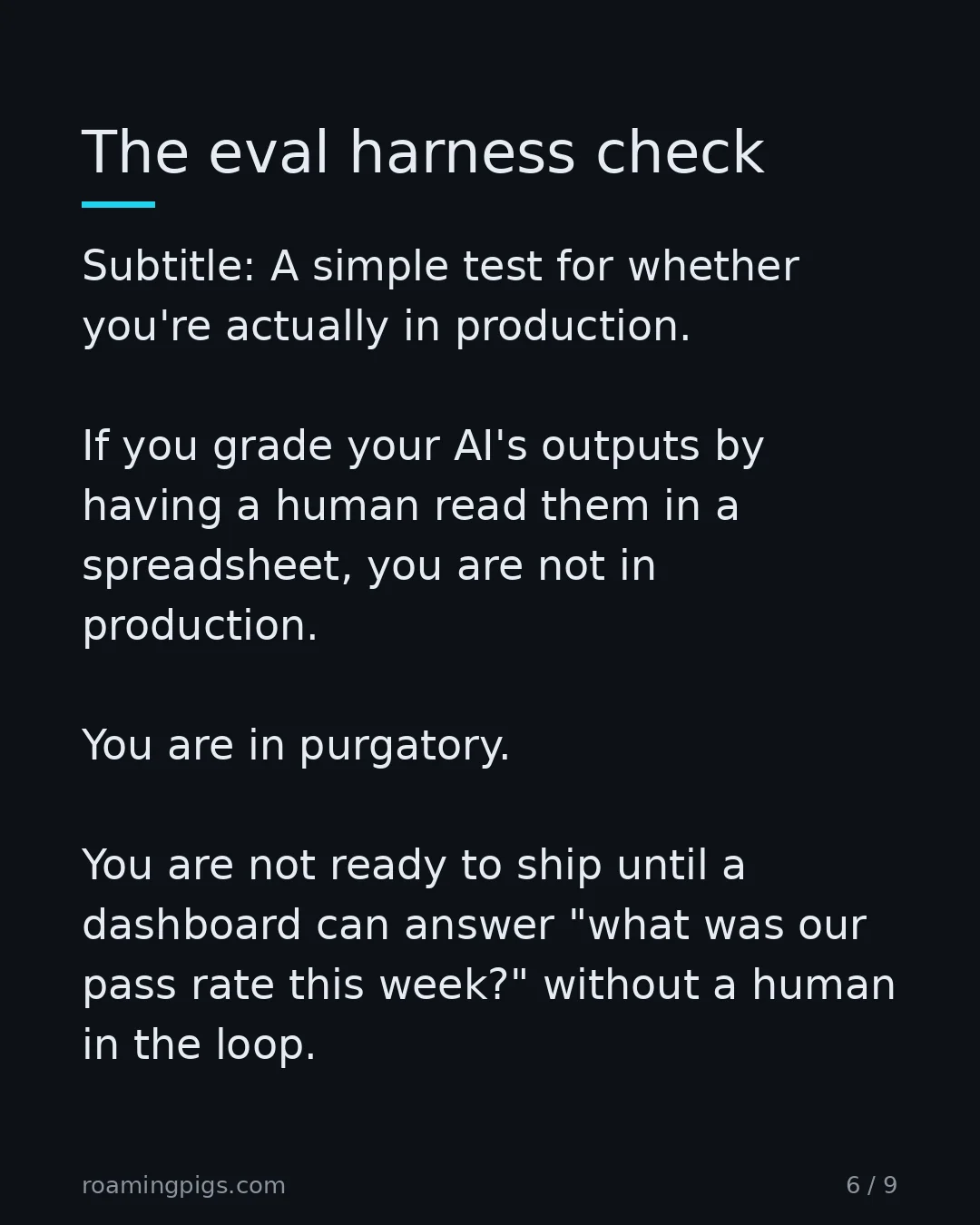 Slide 6 of 9: The eval harness check. Subtitle: A simple test for whether you're actually in production. If you grade your AI's outputs by having a human…