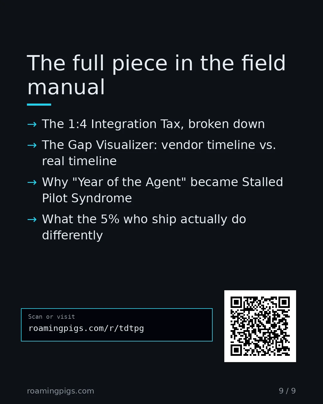 Slide 9 of 9: Call to action: The 1:4 Integration Tax, broken down The Gap Visualizer: vendor timeline vs. real timeline Why "Year of the Agent" became…