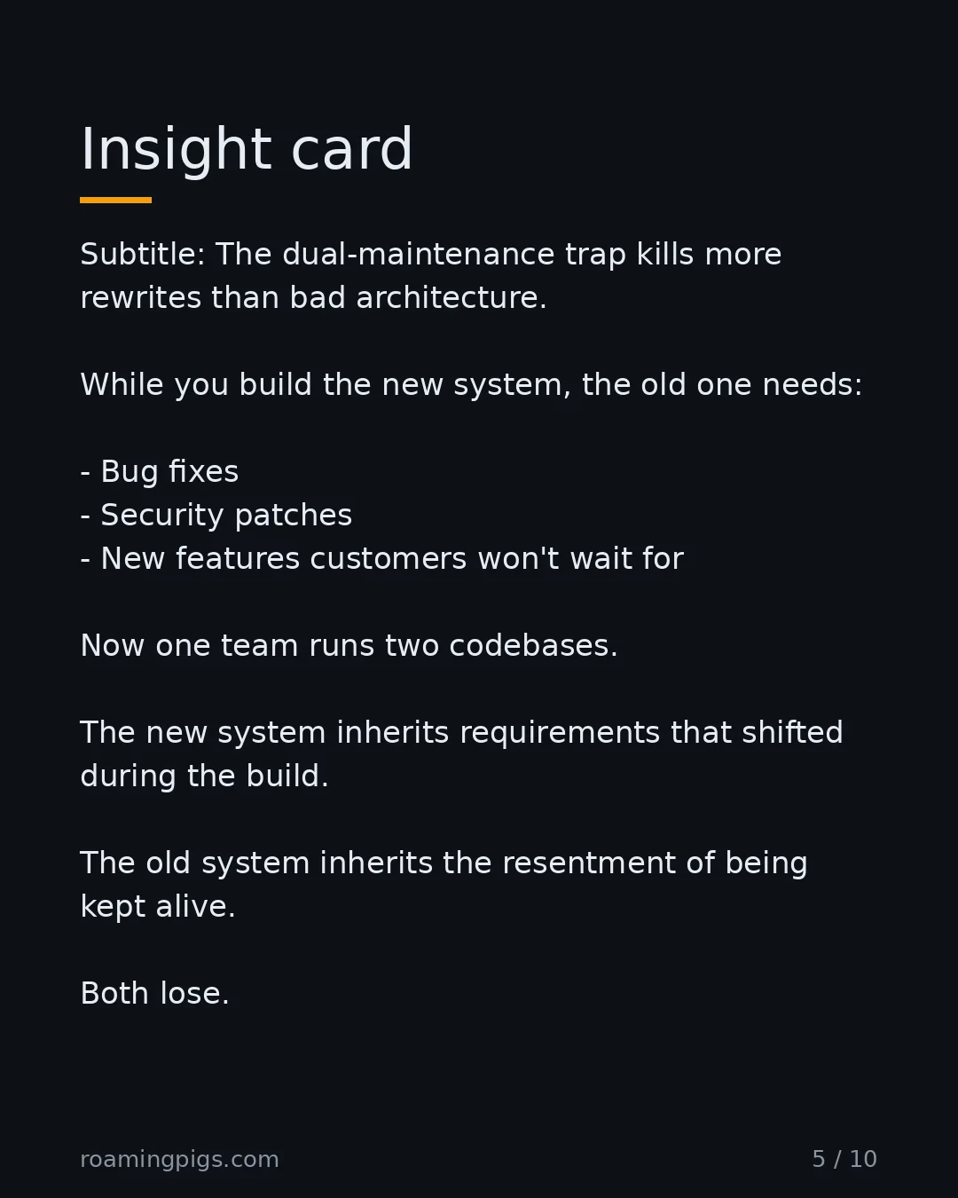 Slide 5 of 10: Insight card. Subtitle: The dual-maintenance trap kills more rewrites than bad architecture. While you build the new system, the old one…