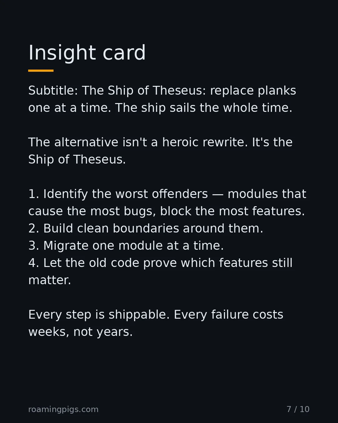 Slide 7 of 10: Insight card. Subtitle: The Ship of Theseus: replace planks one at a time. The ship sails the whole time. The alternative isn't a heroic…
