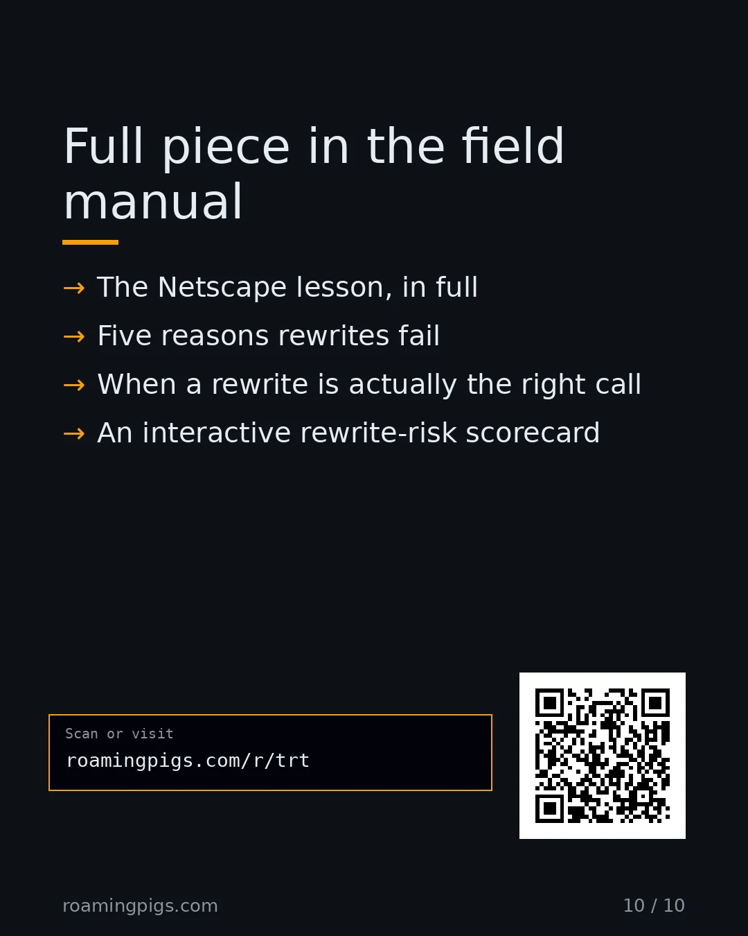 Slide 10 of 10: Call to action: The rewrite trap, the Ship of Theseus alternative, and the political dynamics that drive rewrites despite the failure rate.…
