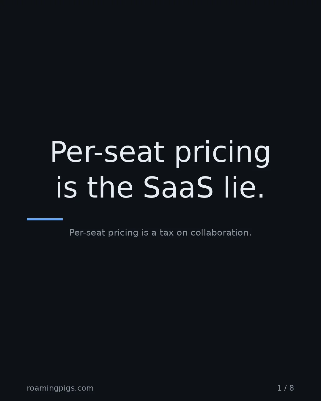 Slide 1 of 8: Per-seat pricing is the SaaS lie.. Per-seat pricing is a tax on collaboration