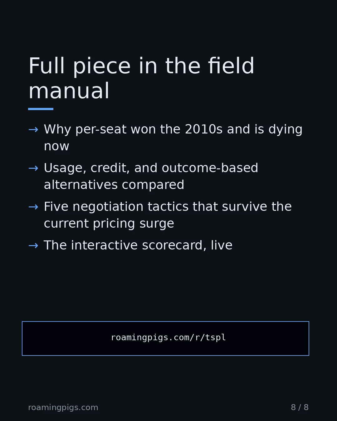 Slide 8 of 8: Call to action: Why per-seat won the 2010s and is dying now Usage, credit, and outcome-based alternatives compared Five negotiation tactics…