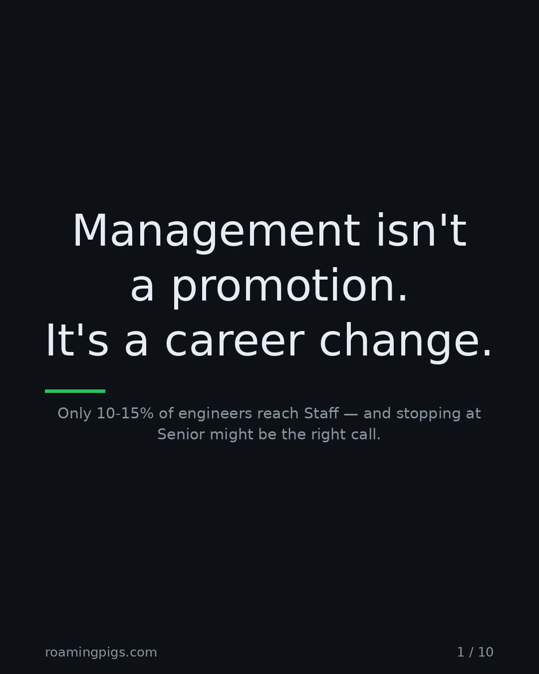 Slide 1 of 10: Management isn't a promotion. It's a career change.. Only 10-15% of engineers reach Staff — and stopping at Senior might be the right call