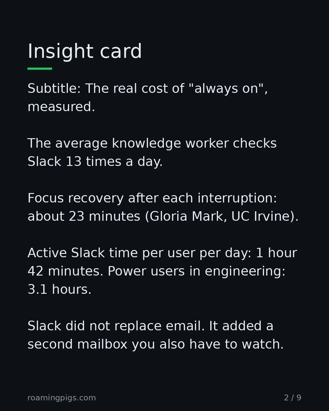 Slide 2 of 9: Insight card. Subtitle: The real cost of "always on", measured. The average knowledge worker checks Slack 13 times a day. Focus recovery…