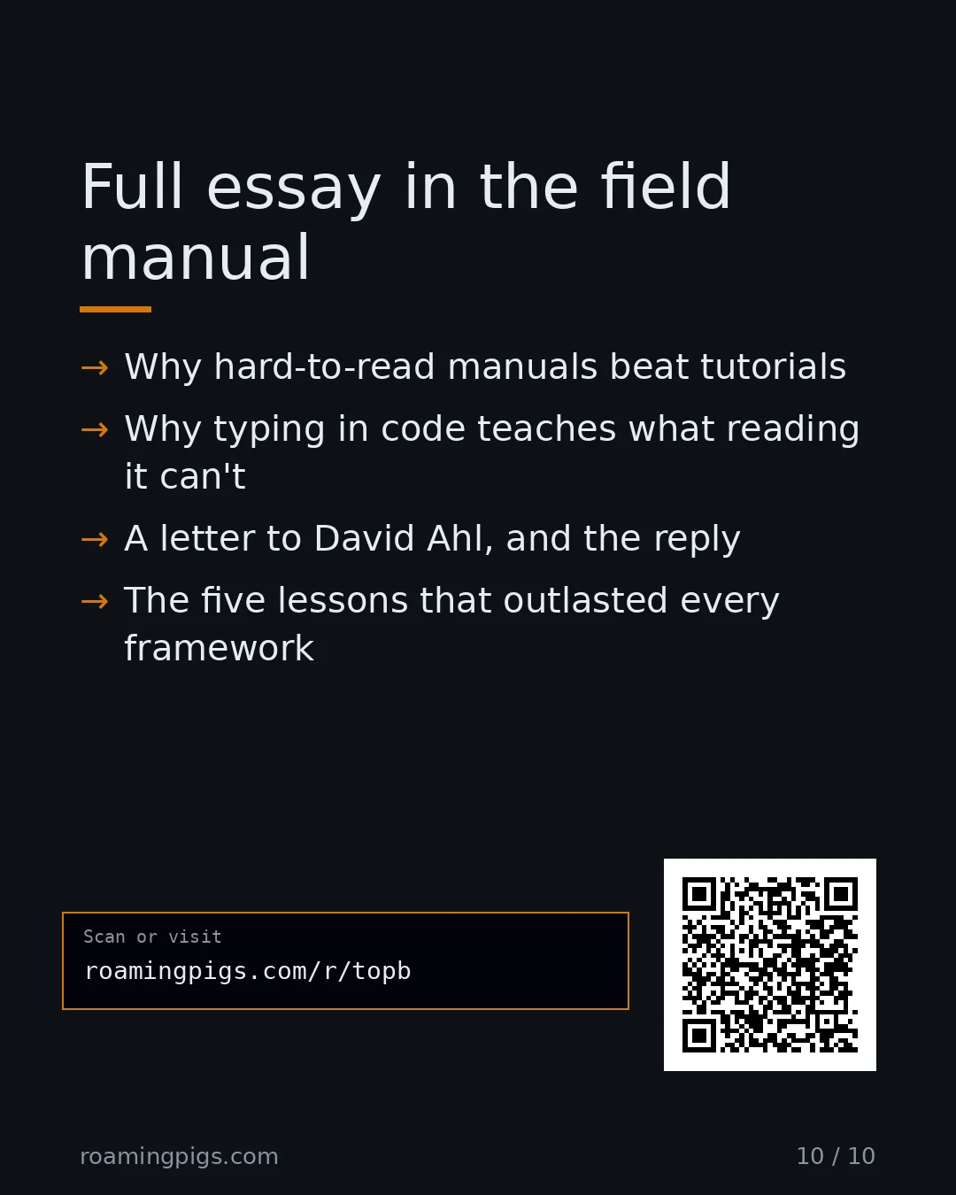 Slide 10 of 10: Call to action: Why hard-to-read manuals beat tutorials Why typing in code teaches what reading it can't A letter to David Ahl, and the…