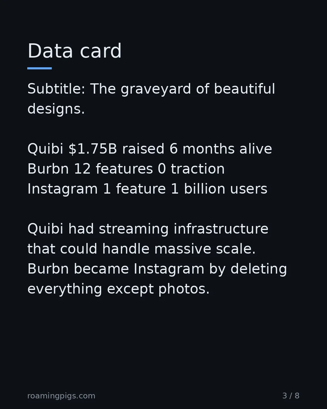 Slide 3 of 8: Data card. Subtitle: The graveyard of beautiful designs. Quibi $1.75B raised 6 months alive Burbn 12 features 0 traction Instagram 1…