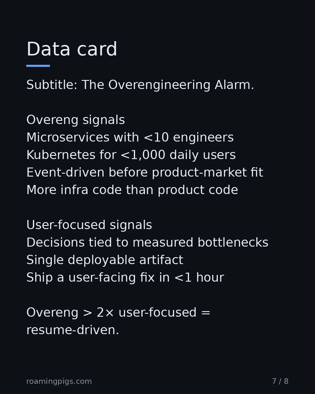 Slide 7 of 8: Data card. Subtitle: The Overengineering Alarm. Overeng signals Microservices with <10 engineers Kubernetes for <1,000 daily users…