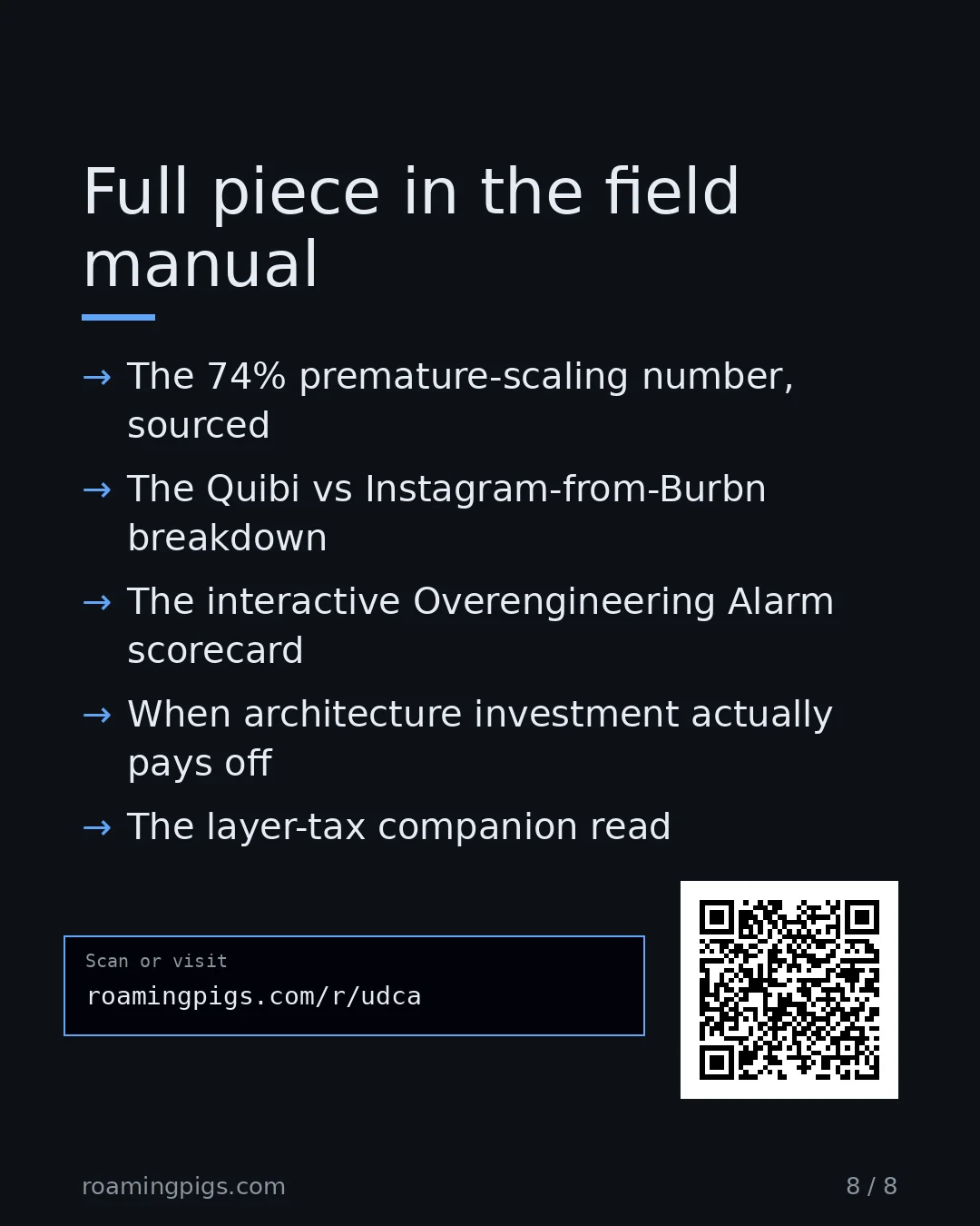 Slide 8 of 8: Call to action: The 74% premature-scaling number, sourced The Quibi vs Instagram-from-Burbn breakdown The interactive Overengineering Alarm…